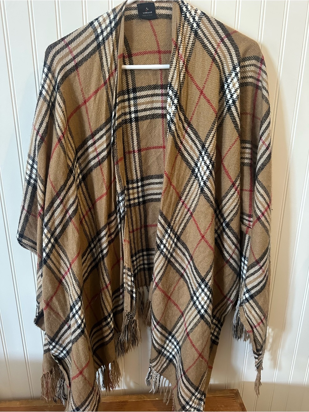V. FRAAS Camel Plaid Fringe Wrap Cape